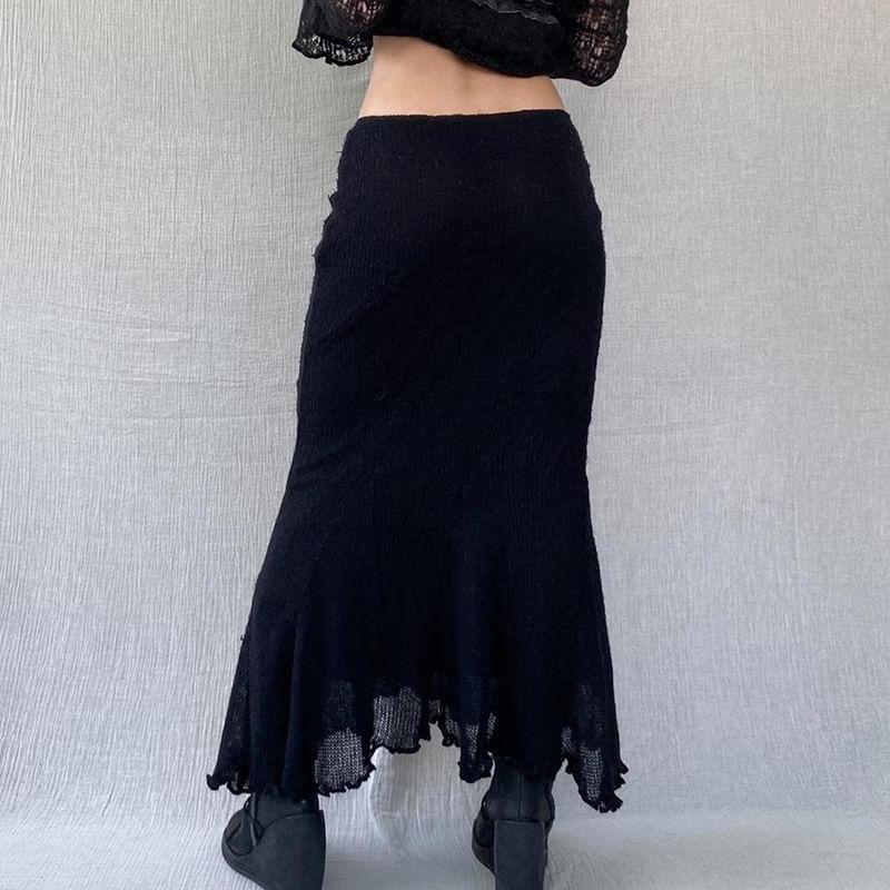 Low Rise Plain Knitted Maxi Pencil Skirt Product Image