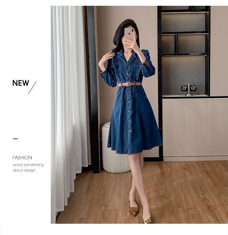 Long-Sleeve Denim Midi A-Line Shirt Dress Product Image