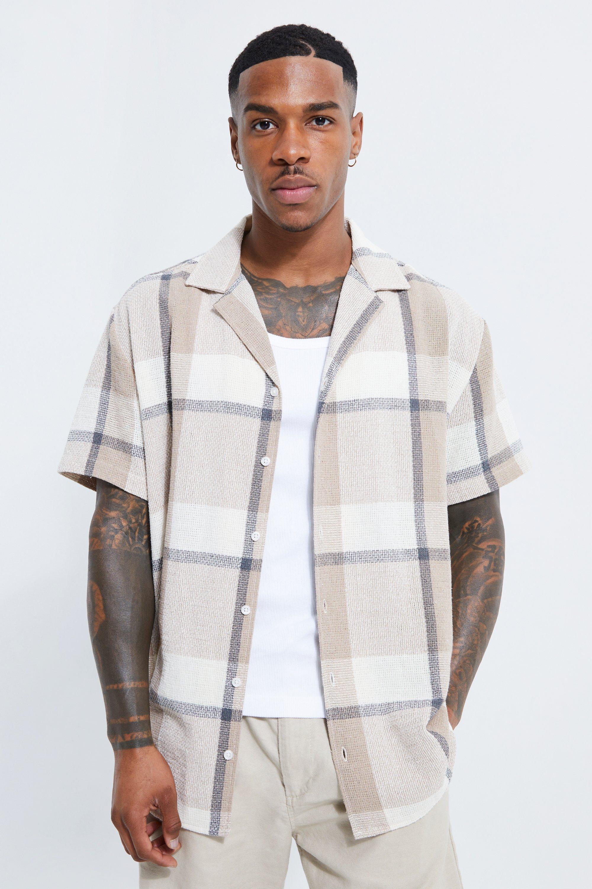 Mens Beige Short Sleeved Oversized Check Linen Shirt, Beige Product Image