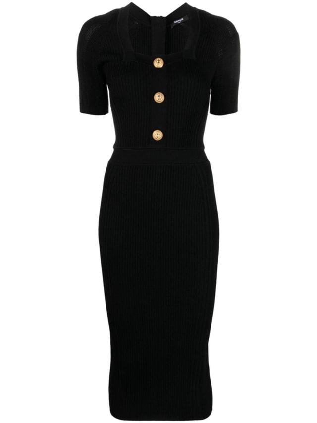 BALMAIN Square-neck Ribbed Midi Dress In Nero Product Image