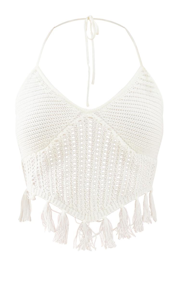 Cream Tassel Crochet Knit Top Product Image