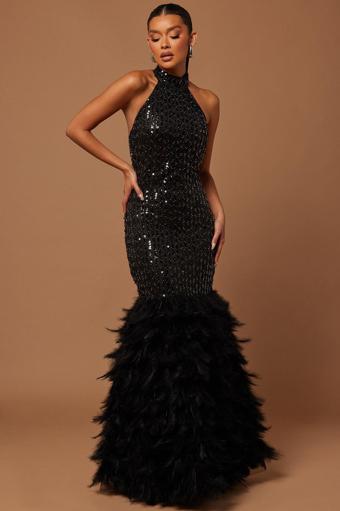 Ellie Embellished Feathered Gown - Black Product Image