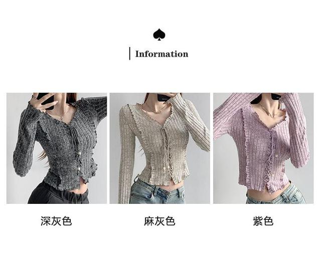 Ruffled V-Neck Lace-Up Knit Crop Top Product Image