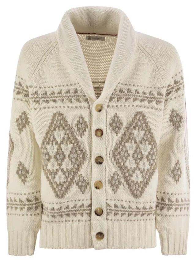 Geometric Jacquard Cashmere Feather Cardigan With Shawl Collar In White Product Image