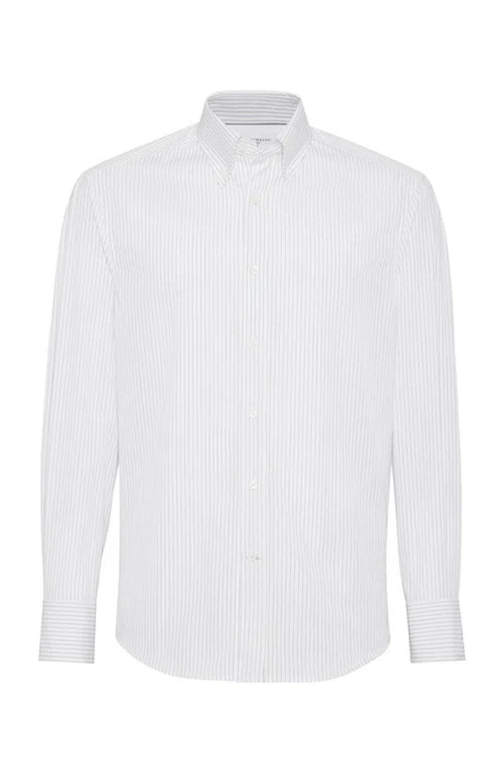 BRUNELLO CUCINELLI Pinstripe Slim Fit Shirt With Button-down Collar In Grey Product Image