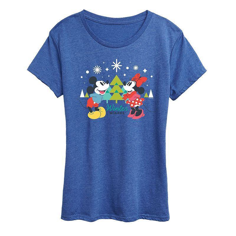 Disneys Mickey Mouse Womens Mickey and Minnie Winter Wishes Graphic Tee, Girls Grey Royal Blue Product Image