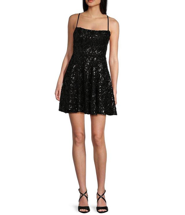 Honey and Rosie Spaghetti Strap Sleeveless Fit And Flare Short Sequin Dress Product Image