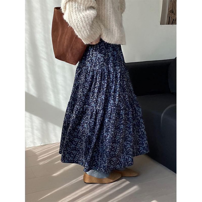 High Waist Floral Print Midi A-Line Skirt Product Image