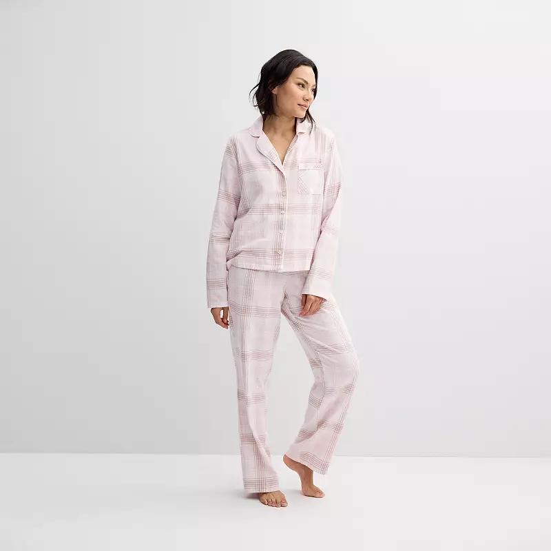 Womens Sonoma Goods For Life Flannel Notch Pajama Top & Pajama Pants Set Ivory Everyday Plaid Product Image