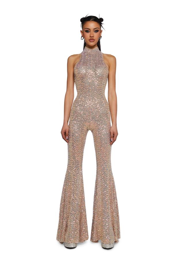 Stretchy Mesh Sequin Mock Neck Halter Flared Leg Jumpsuit Club Exx - Gold Product Image