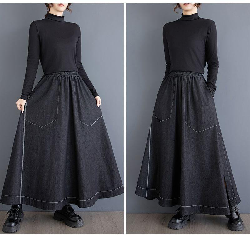 Elastic Waist Contrast Stitched Slit Denim Maxi A-Line Skirt Product Image