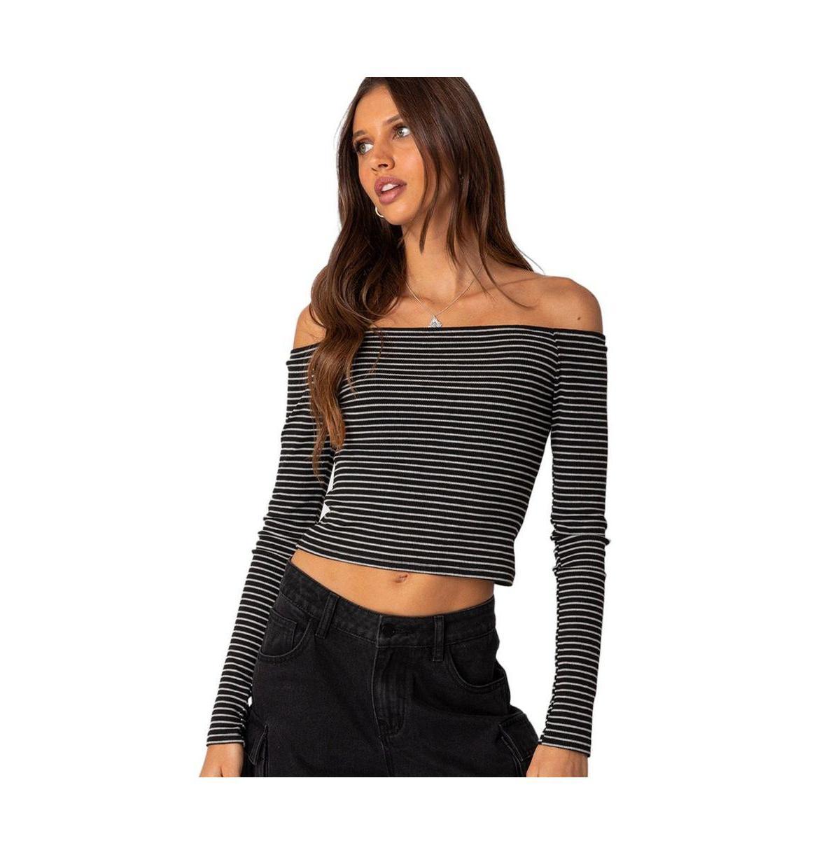 EDIKTED Stripe Off the Shoulder Cotton Crop Rib Top Product Image