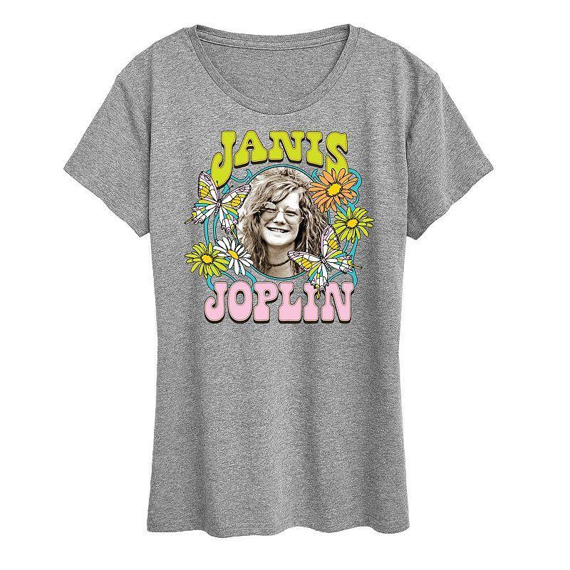 Womens Janis Joplin Butterfly Flowers Graphic Tee Med Grey Product Image