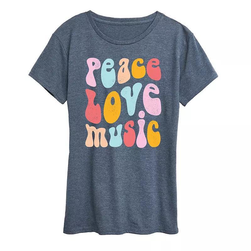 Womens Peace Love Music Distressed Graphic Tee Blue Product Image