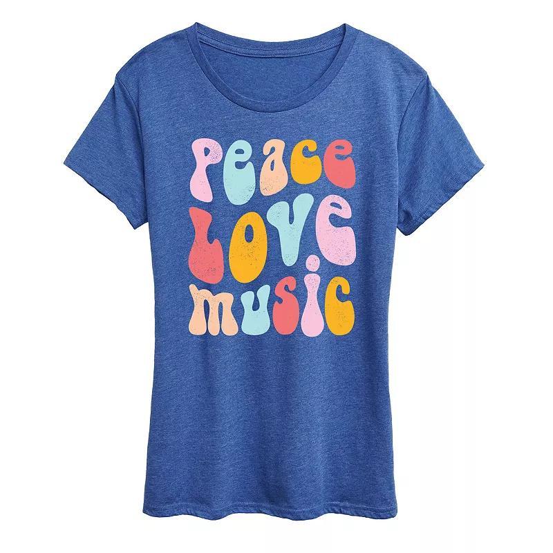 Womens Peace Love Music Distressed Graphic Tee Blue Product Image