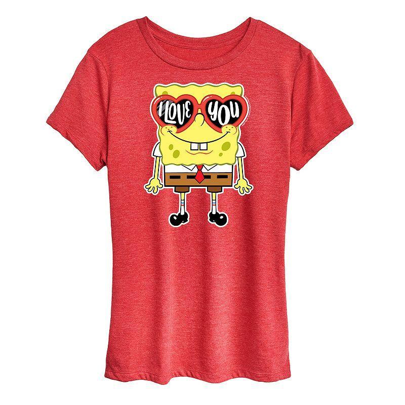 Womens Spongebob Squarepants Love You Heart Glasses Graphic Tee Grey Red Product Image