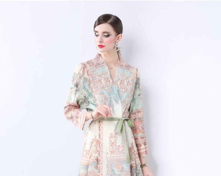 Long Sleeve V-Neck Patterned Print Tie-Waist Maxi A-Line Coat Dress Product Image