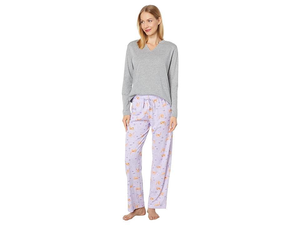 Karen Neuburger Petite Long Sleeve Split-Neck Tee PJ Set (Grey/Kitty) Women's Pajama Sets Product Image