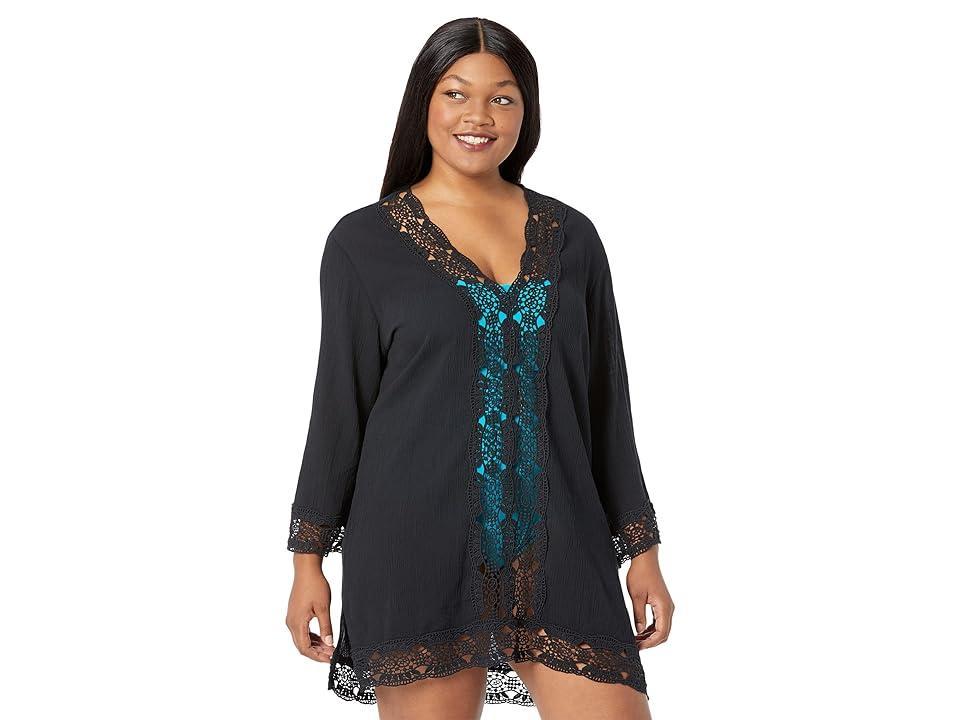 La Blanca Island Fare V-Neck Crinkle Crochet Trim Swim Cover Up Tunic Product Image