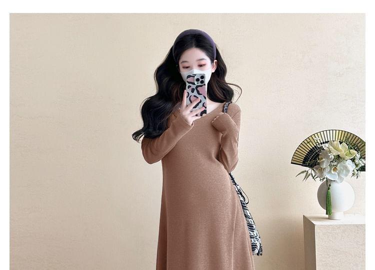 Maternity Long-Sleeve Scoop Neck Plain Maxi A-Line Dress Product Image