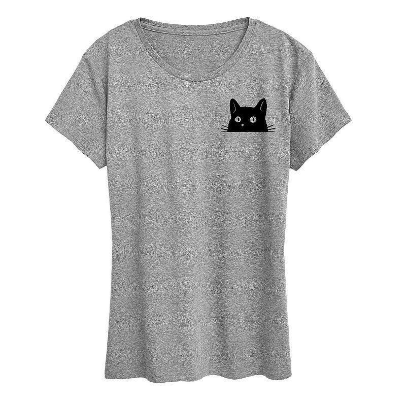 Plus Cat Peeking Left Chest Graphic Tee, Womens Grey Gray Product Image