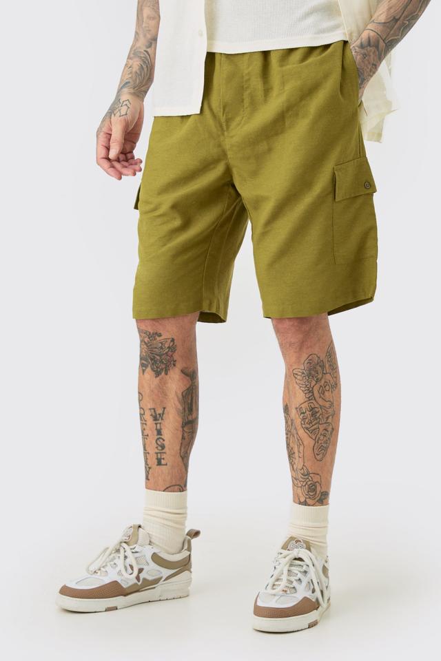 Mens Green Tall Elasticated Waist Relaxed Linen Cargo Shorts In Khaki, Green Product Image