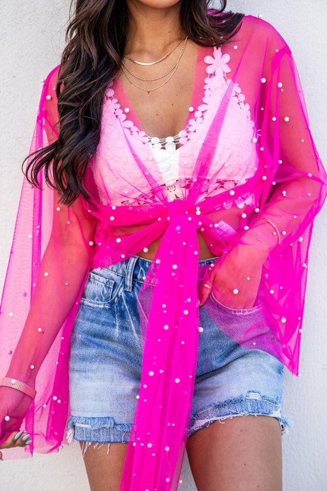 Electric Love Pink Pearl Embellished Mesh Tie Front Blouse FINAL SALE Product Image