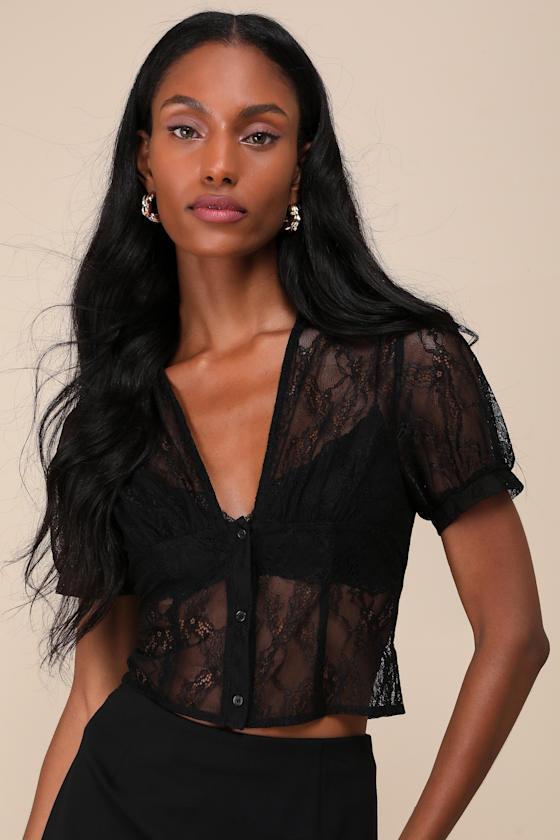 Pretty Flirty Black Sheer Lace Collared Short Sleeve Crop Top Product Image