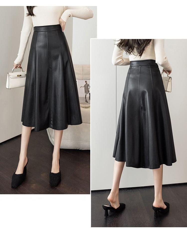 High Waist Plain Faux Leather Midi A-Line Skirt Product Image