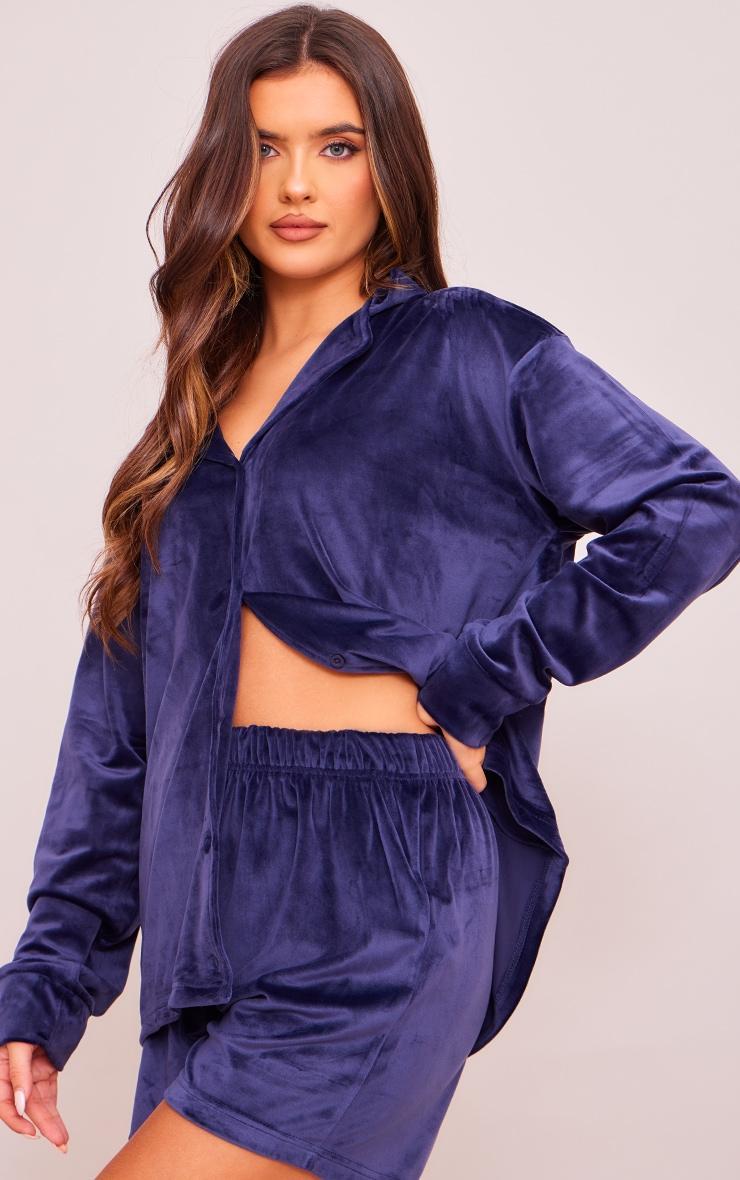 Dark Blue Velour Pajama Shorts Product Image