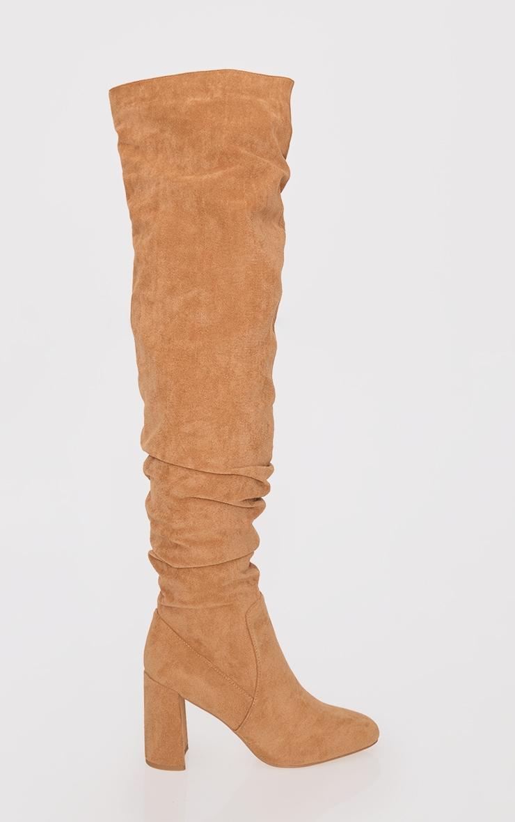 Camel Faux Suede Round Toe Ruched Over The Knee Block Heeled Boots Product Image