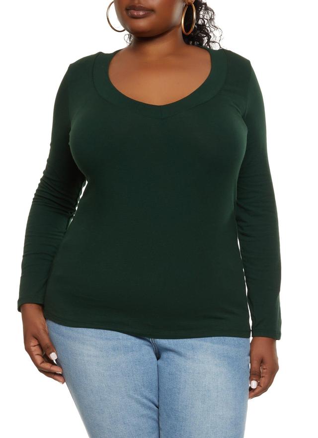 Womens Plus Size Solid V Neck Long Sleeve Tee Product Image