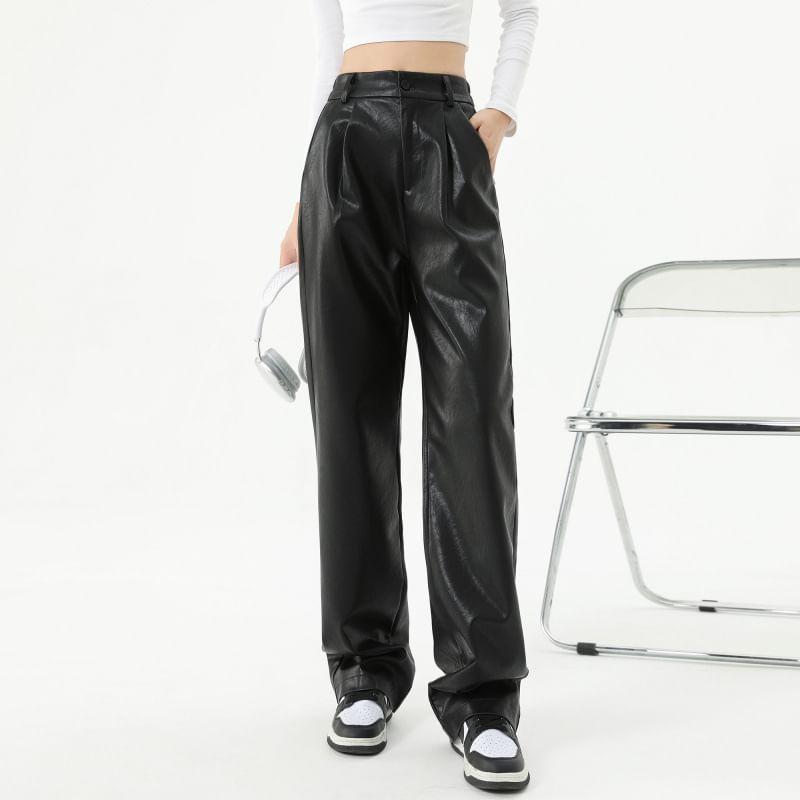 High Waist Plain Faux Leather Loose Fit Pants (Various Designs) Product Image