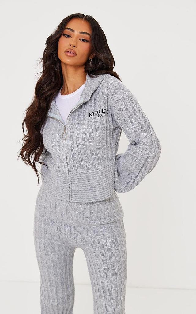 Petite Grey Athletic Sport Embroidered Knit Zip Up Cropped Cardigan Product Image