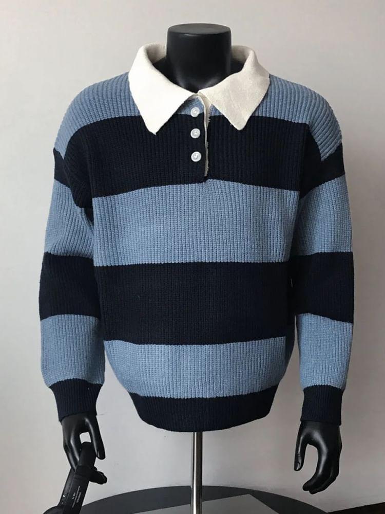 Drop Shoulder Striped Polo Collar Sweater Product Image