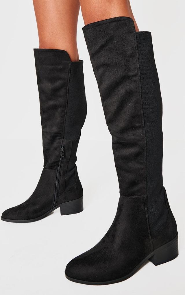 Black Faux Suede Wide Fit Round Toe Block Heel Knee High Boots Product Image