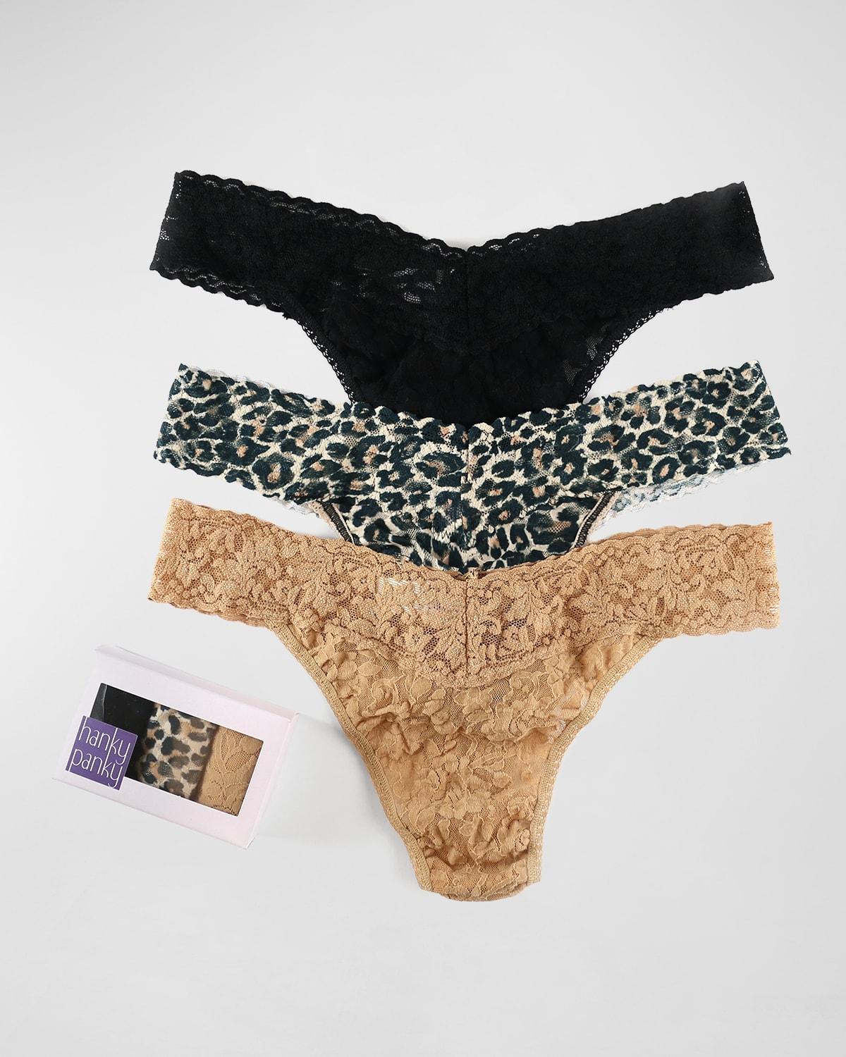 Hanky Panky Three-Pack Lace Original-Rise Thongs  - CHAI BLK LEOPARD Product Image