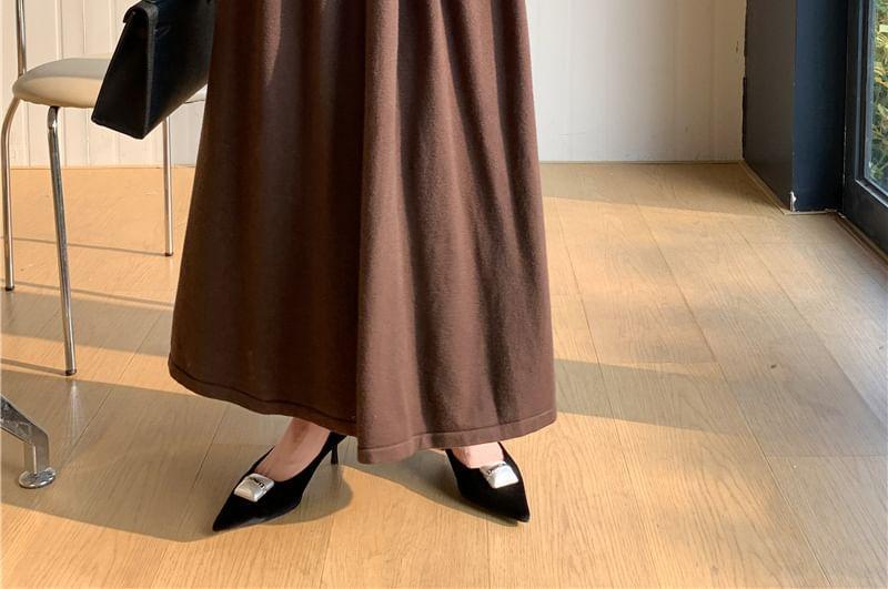 Mock Two-Piece Long-Sleeve Plain Ribbed Midi A-Line Dress Product Image