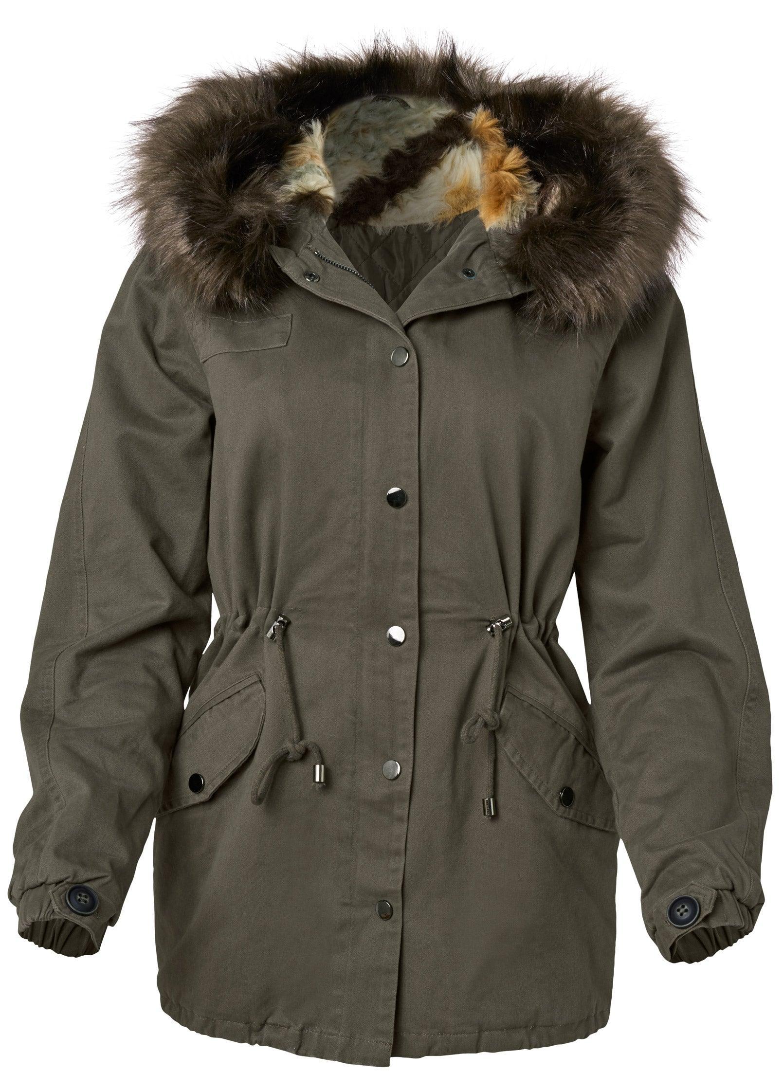 Cargo Jacket With Faux Fur Hood - Olive Product Image