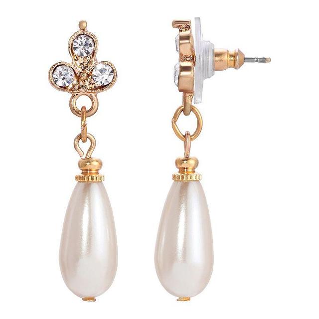 1928 Gold Tone Simulated Pearl & Crystal Drop Earrings, Womens, White Product Image