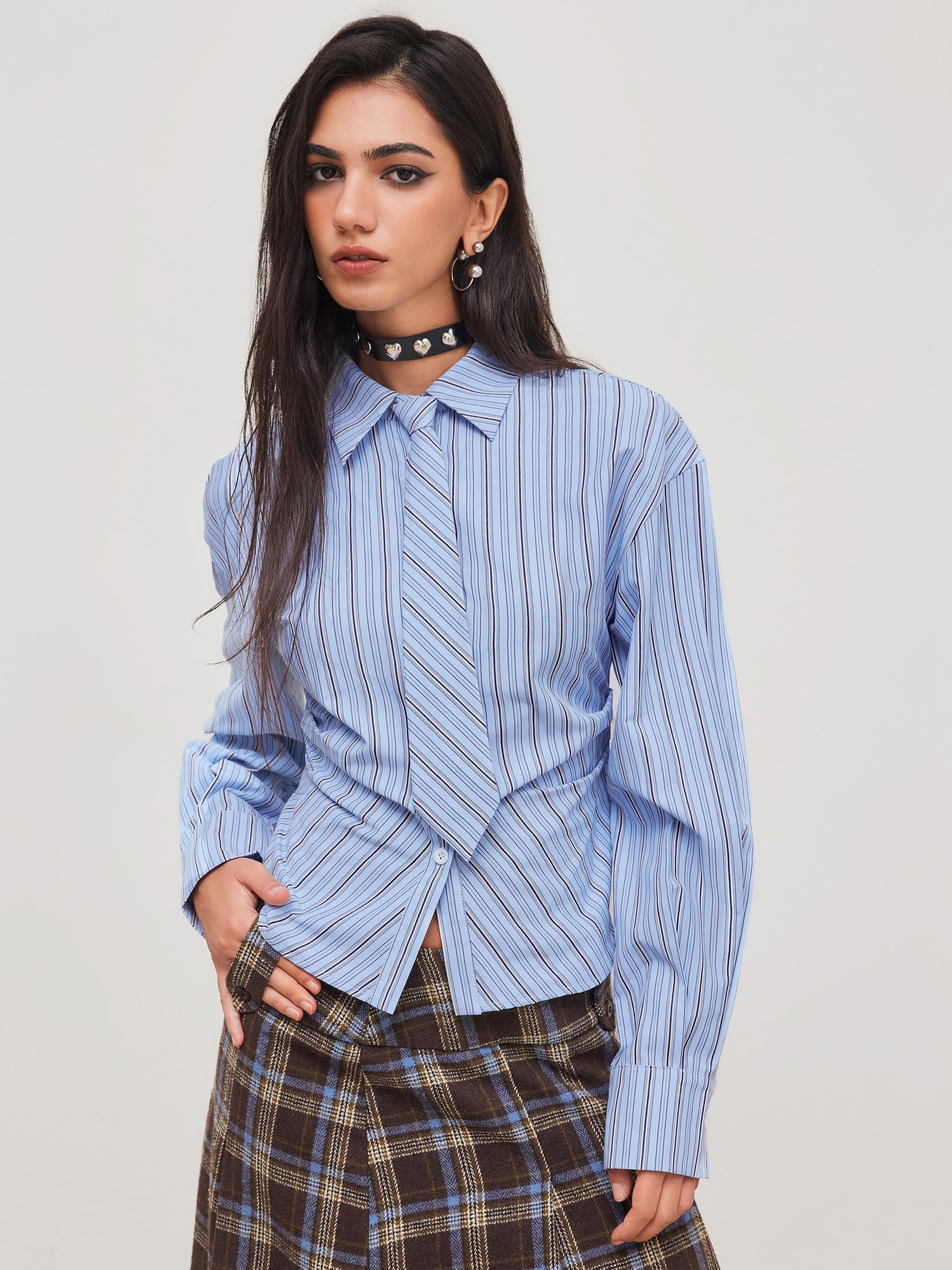 Cotton-blend Collar Striped Ruched Long Sleeve Shirt With Tie Product Image