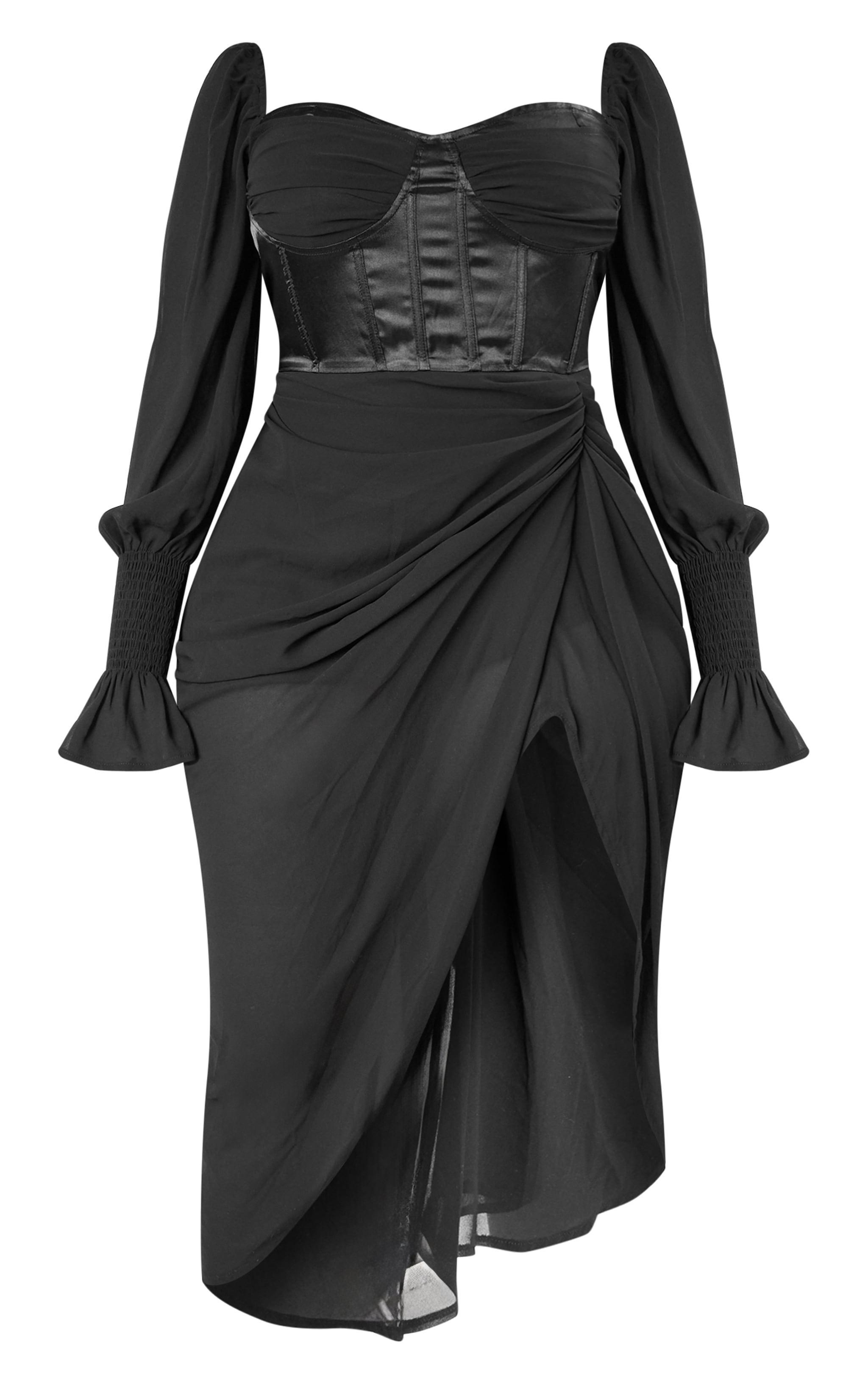 Plus Black Satin Insert Draped Chiffon Midi Dress Product Image