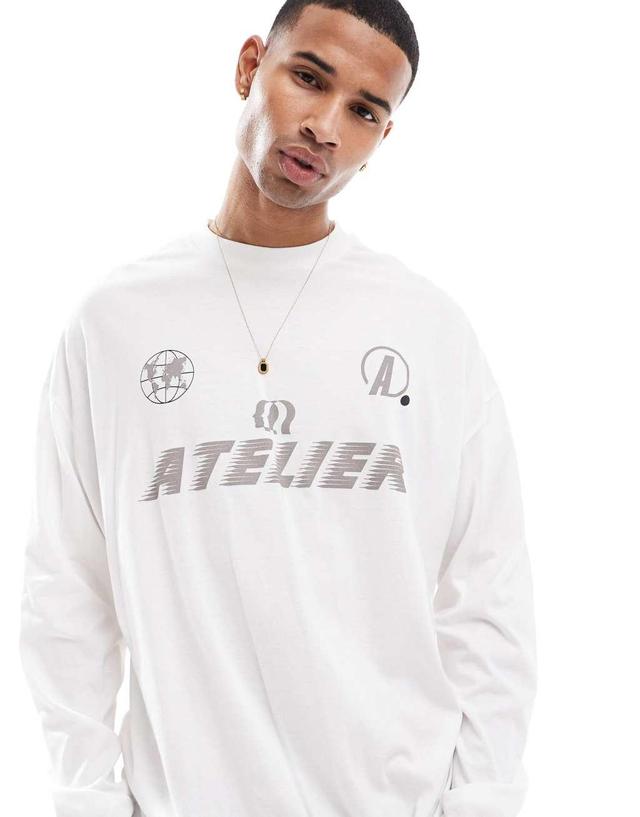 ASOS DESIGN oversized long sleeve T-shirt with sports graphic in white Product Image