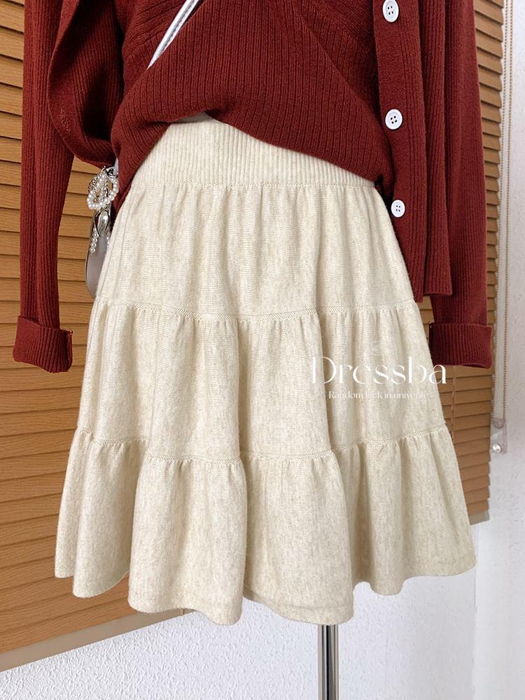 High Waist Plain Tiered Knit Mini A-Line Skirt Product Image