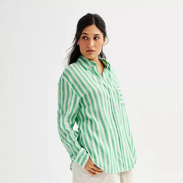 Womens Sonoma Goods For Life Oversized Linen-Blend Boyfriend Shirt Green Green Stripe Product Image