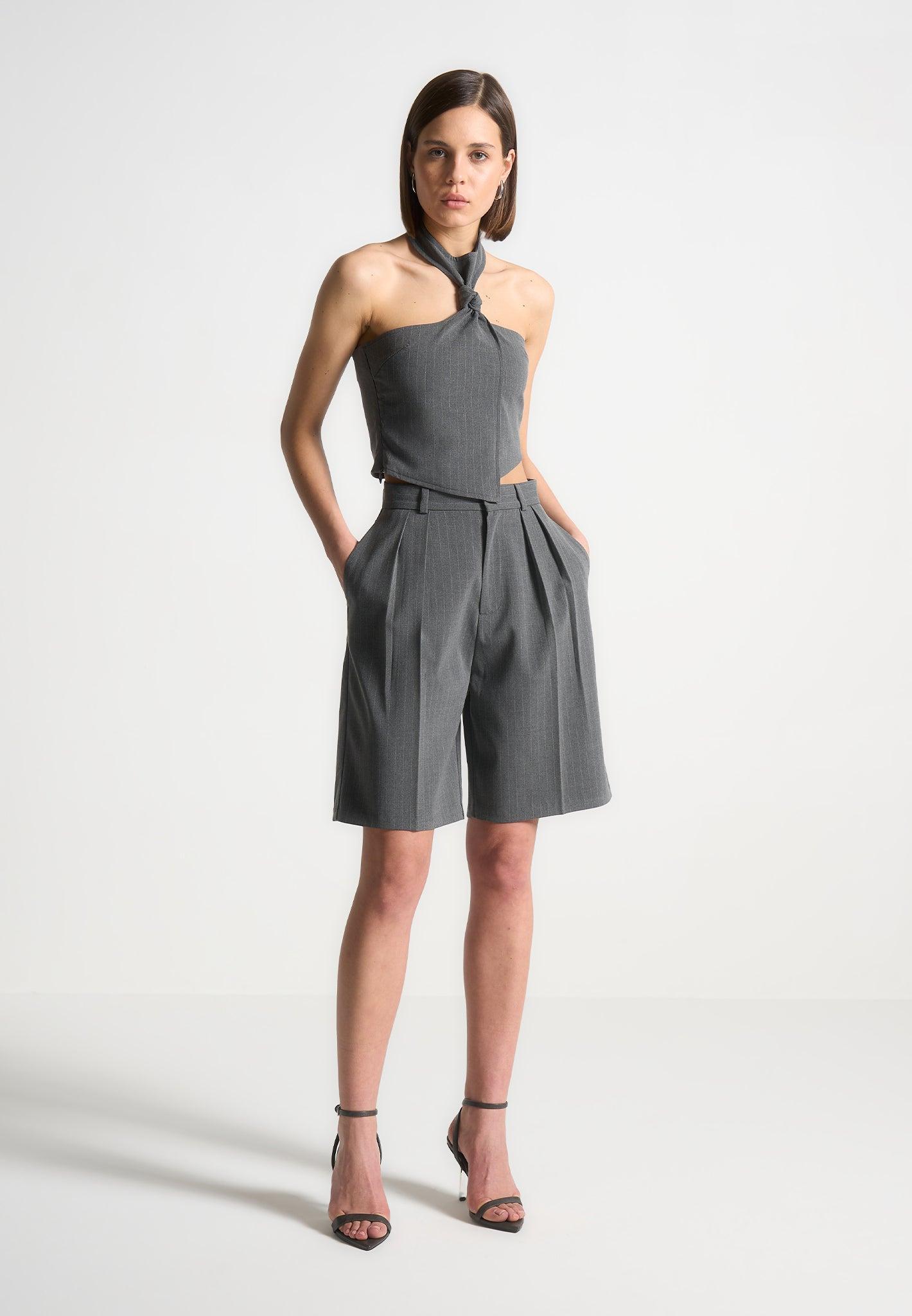 Pinstripe Tailored City Shorts - Grey Female Product Image