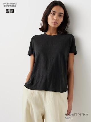 Womens Linen Crew Neck Short-Sleeve T-Shirt Black Medium UNIQLO US Product Image