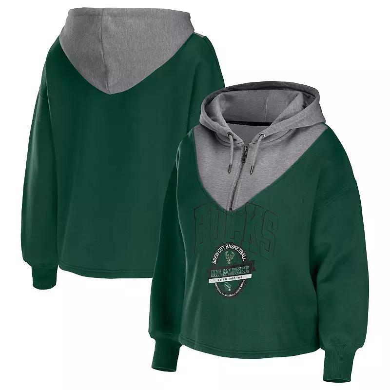 Womens WEAR by Erin Andrews Hunter Green Milwaukee Bucks Pieced Quarter-Zip Hoodie Jacket Product Image