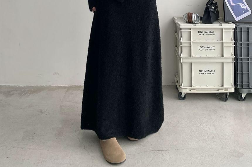 Drop Shoulder Round Neck Faux Pearl Button Cardigan / Mid Waist Plain Maxi A-Line Skirt Product Image