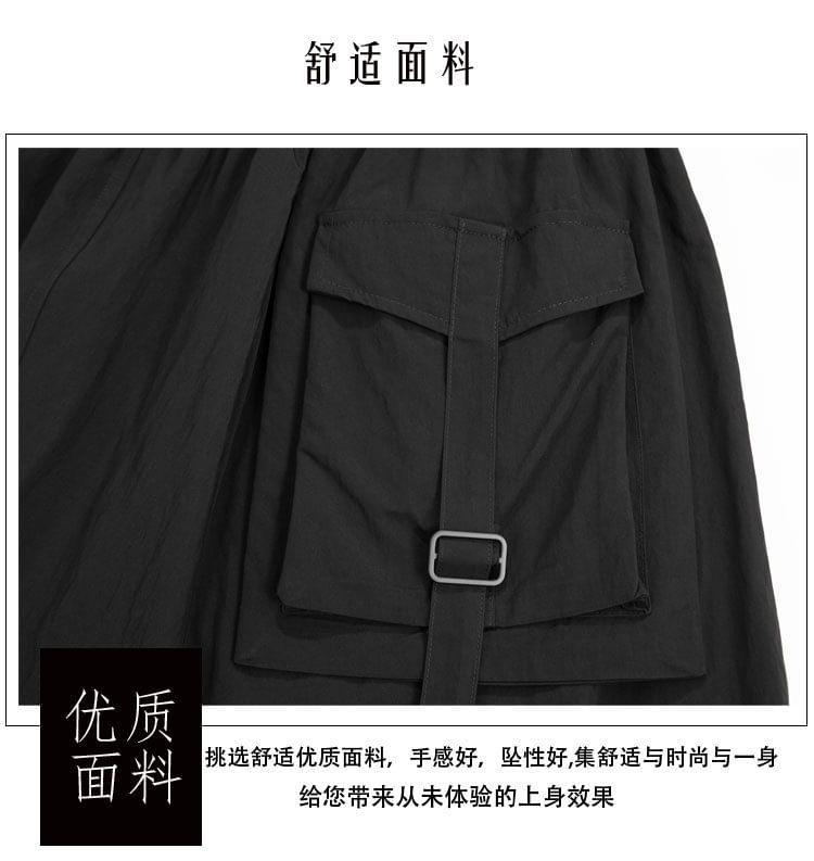 Elastic Waist Plain Flap Pocket Panel Mesh Maxi A-Line Skirt Product Image